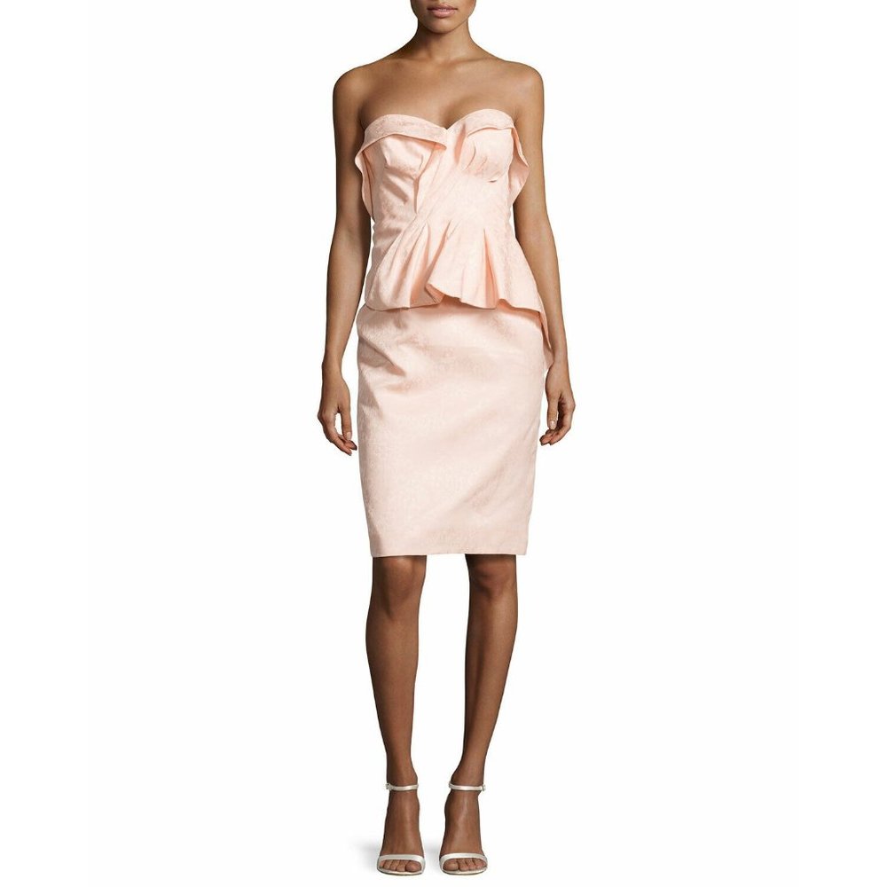 NWT $2800 ZAC POSEN FLORAL BROCADE PEPLUM STRAPLESS POWDER PINK DRESS SIZE 6
